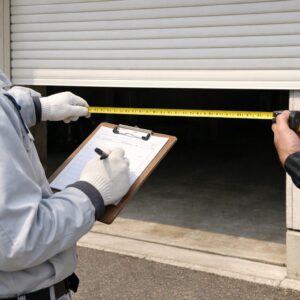 妙高市でシャッターの開口部を採寸して見積する作業員の様子