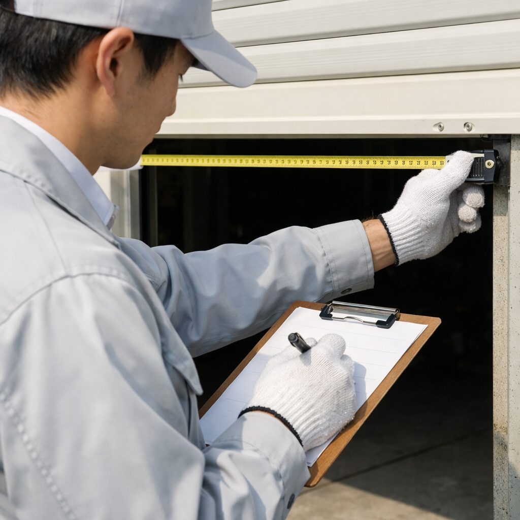 シャッター交換前の現地確認と採寸の様子