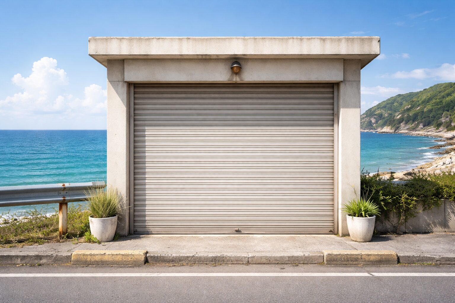 外部環境（海風・融雪剤・結露など）を想起させる住宅車庫シャッターの写真。清潔感のある昼の自然光